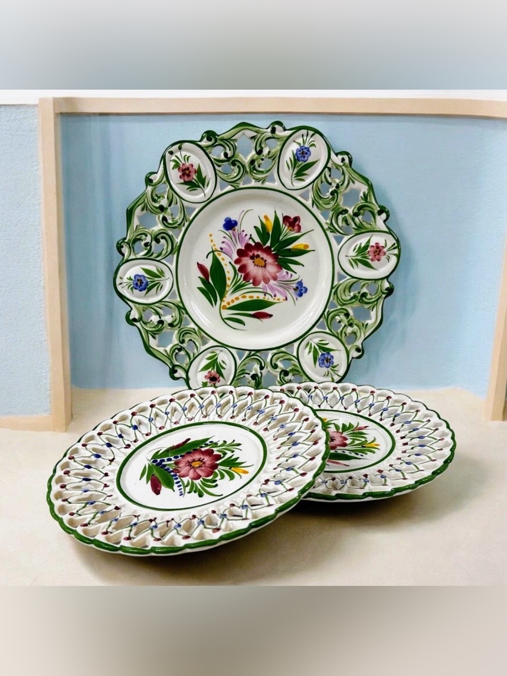 Vintage Portuguese Hand Painted Pierced Ceramic Plates Set 3 Floral Folk Art